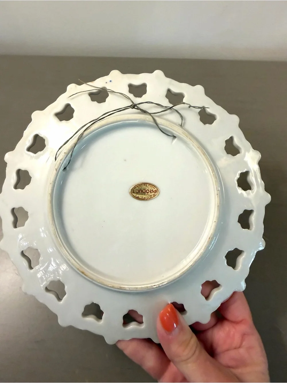 Florida Souvenir Blue Reticulated Plate Pierced Rim Gold Trim Flamingos Vintage